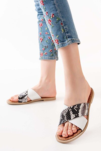 Aymood 169-076 White Orthopedic Genuine Leather Cross Banded Women's Slippers