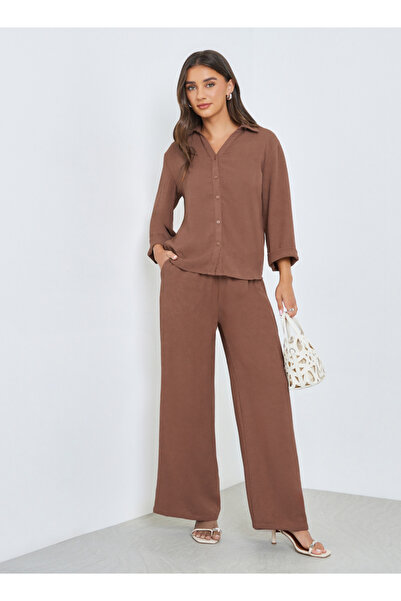 Styli Brown Crushed Textured Wide Leg Pants