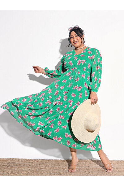 Sassafras By Styli فستان ميدي أخضر مزين بالزهور بتصميم طبقات ورباط خصر، مقاس ...