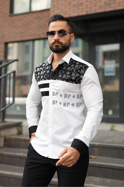 BAYIM Erkek Slim-Fit Ay-Yıldız Taş İşlemeli Nakışlı Premium Tasarım Lüks Gömlek