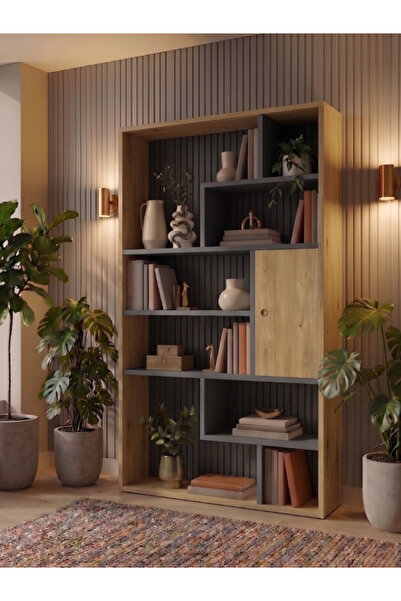 Free Home Premium MDF Vera Modern Kitaplık - Ahşap Antrasit Detaylı Dekoratif...