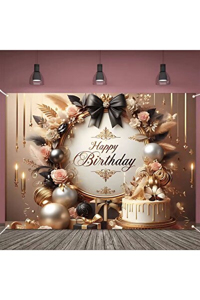 YEAP OFFICE Kişiye Özel Lüks Siyah & Gold Happy Birthday Parti Arka Fon Banne...