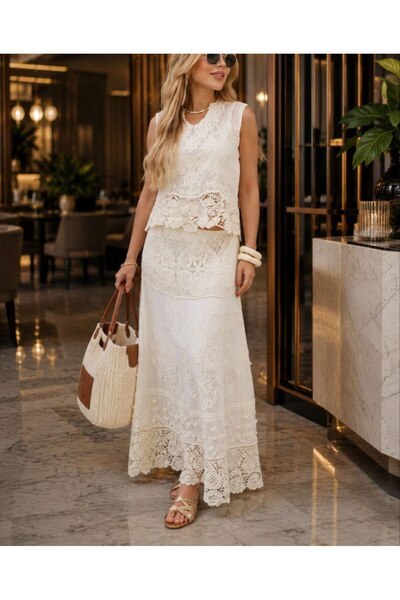 LOKADI White Scallop Embroidered Lace Detailed Bohemian Two-Piece Set - Crop ...