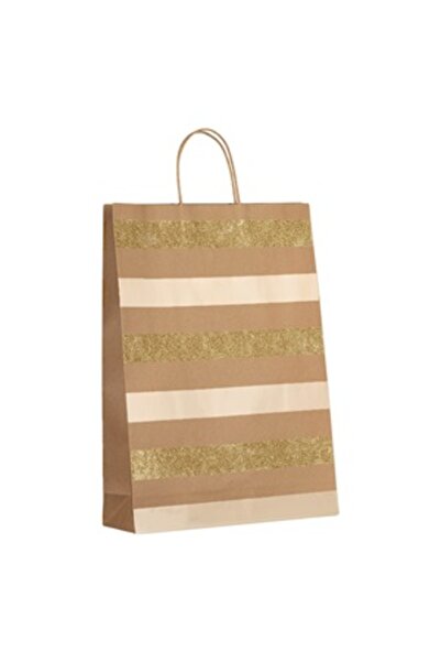 Zumzeria Pungă cadou Kraft cu dungi aurii din folie și sclipici 32.5x10x45cm