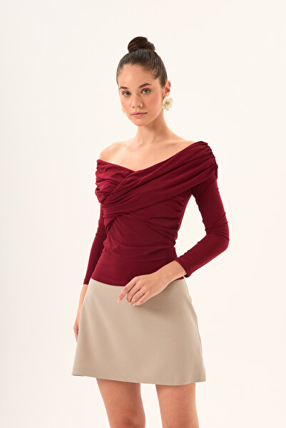 LADYA COLLECTION Cross Draped Lycra Off-Shoulder Soft Textured Sandy Blouse
