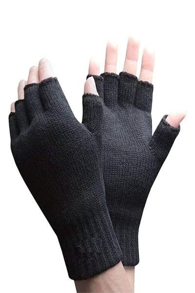Genel Markalar Yarım Parmak Kesik Siyah Yün Eldiven, Unisex, Kış için Sıcak