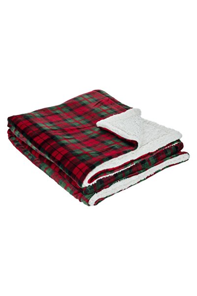Zumzeria Pătură decorativă de Crăciun din catifea roșie, cu plaid și blană ar...