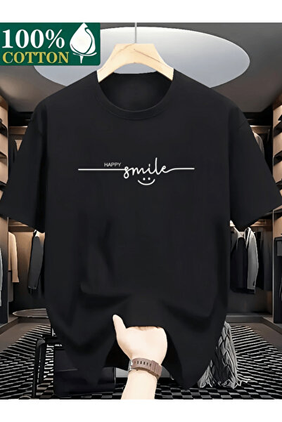 one button Happy Smile Horizontal Design Printed Premium Oversize T-Shirt