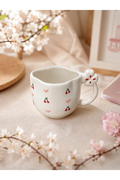HİS Studio Clover-Shaped Ceramic Mug with Cherry and Heart Pattern and Detail...