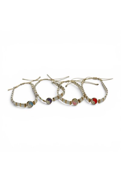 DEHNA White - Gold Yellow Tila Bead Unisex Bracelet with Ying Yang Figure, Adjustable, 4 Colors