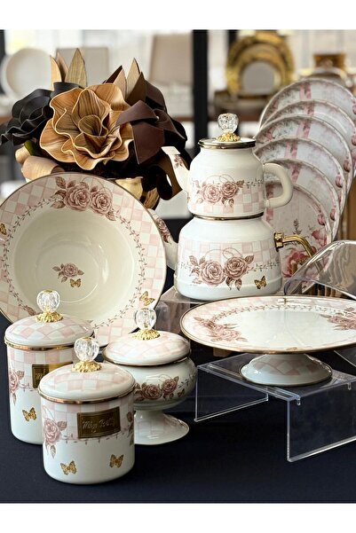 MD MİMOZA DEKOR Enamel Kitchen Set 12 Pieces Rosadora