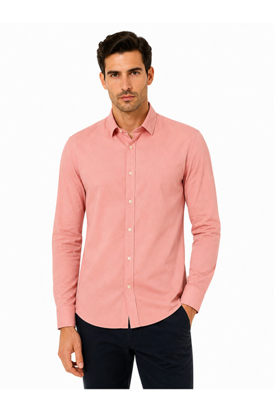 Yiğittekin Terikoton Slim Fit Pembe Gömlek Uzun Kollu Pamuk Karışımlı