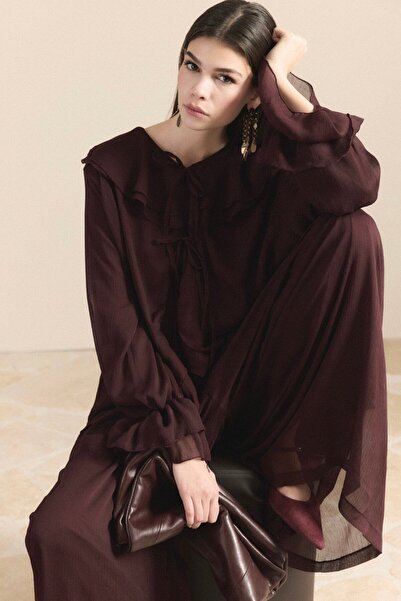 BLACKPERA Imported Fabric Collar and Sleeve V Ruffled Chiffon Set