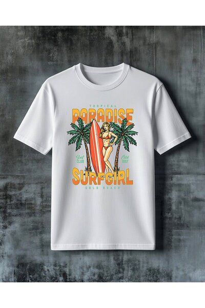 COMVİCHO Tropical Paradise Surfgirl Printed Oversize T-Shirt