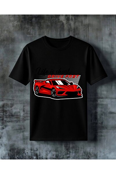 COMVİCHO تي شيرت كبير الحجم مطبوع عليه drive fast red car