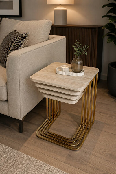 MervishDecor 4’lü Tekerlekli Gold Metal Traverten Desenli Zigon Sehpa & Yan S...