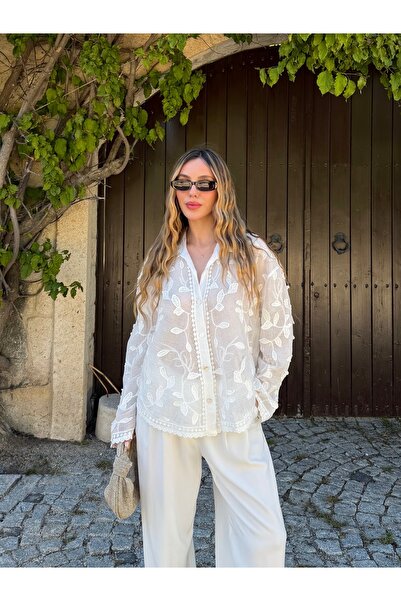 Laluvia White 100% Cotton Embroidered Shirt - 39719