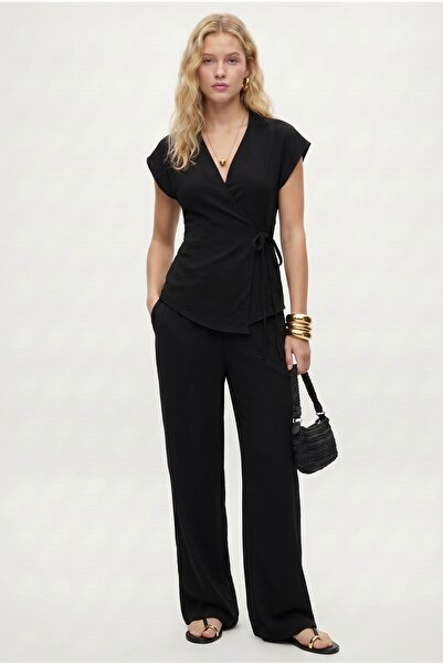 Ritnice Women's Kelsey Asymmetrical Tie-Up Vest Elastic Waist Pants Woven Bla...