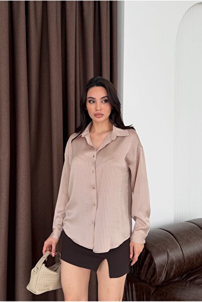 Serica Moda Stone Gold Button Detailed Pinstripe Satin Shirt