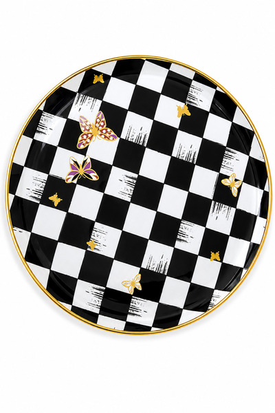 Sudedi Home Real Gold Gilded Glass Cake Plate 21 cm Black and White Checkered...