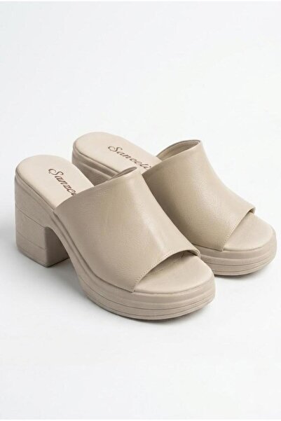 Raneel Kazançlı Alışveriş Women's High Heel Open-Front Slippers Cream