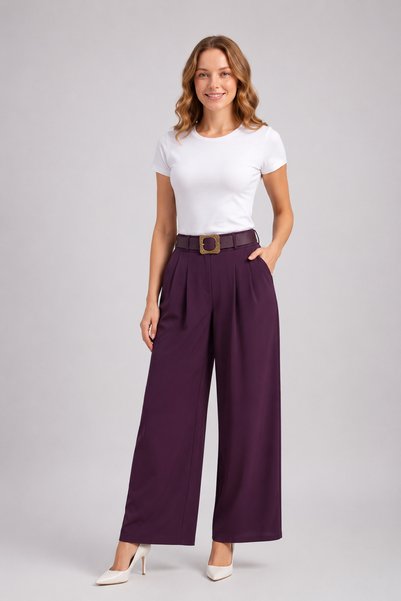 GLOW MUSE Tokalı Kemerli Bol Paça Krep Pantolon -Mürdüm