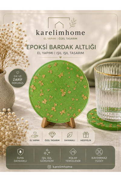 karelim home 4-Piece Green Coaster Set with Epoxy Gold Foil Details, Special ...