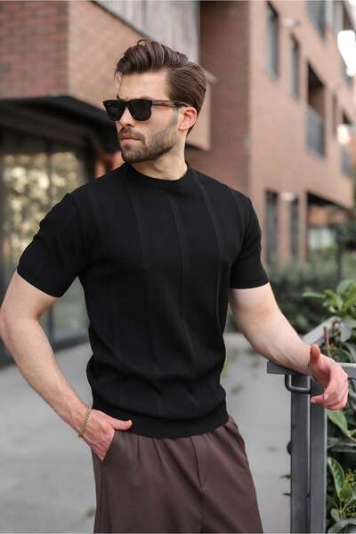 Madmext Black Regular Fit Crew Neck Ribbed Knitwear Men's T-Shirt E7490