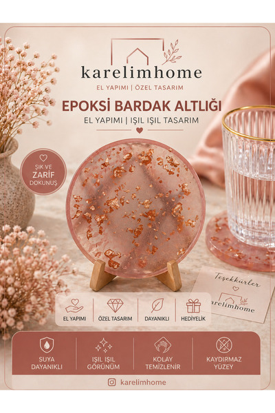 karelim home Set of 4 Pink Coasters with Epoxy Gold Foil Details, Special Spa...