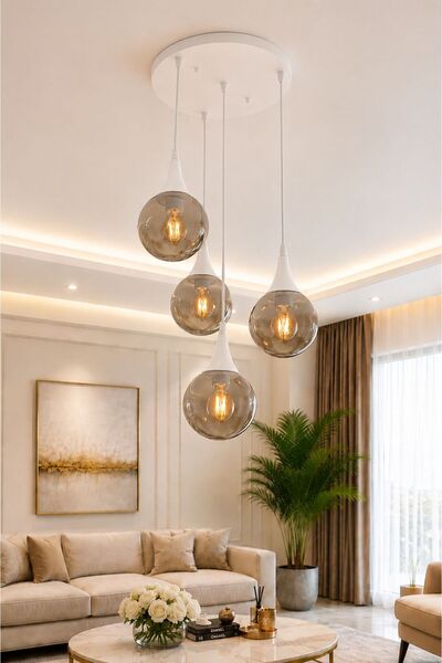 VENON Elora 3 + 1 Yuvarlak Sarkıt Avize ✨BEYAZ✨ FÜME GLOP CAMLI ✨ Salon Avize...