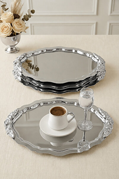 Kitchen Life 4-Piece Large Size Vintage Embroidered Oval Stainless Steel Silv...