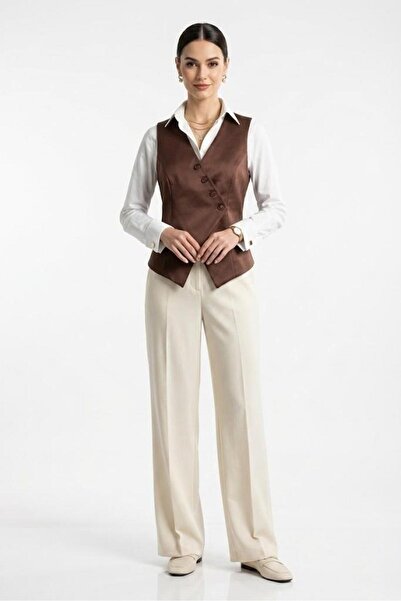 Raneel Kazançlı Alışveriş Women's Cross-Buttoned Sleeveless Vest Brown