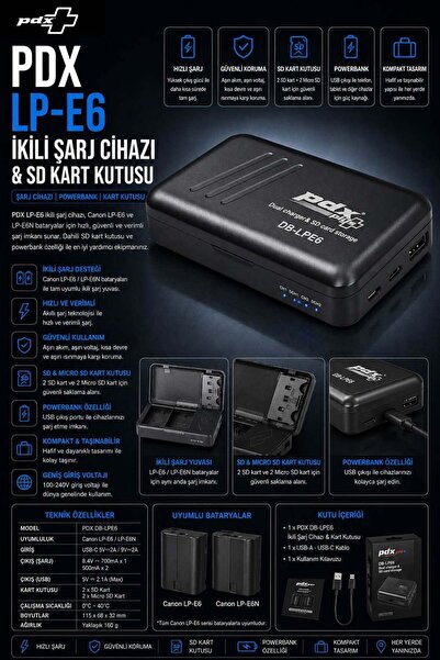 PDX Canon LP-E6 İkili Şarj Cihazı ve SD Kart Kutusu | Powerbank