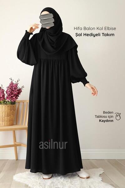 ASİLNUR Hifa Balon Kol Elbise Şal Hediyeli Takım Siyah