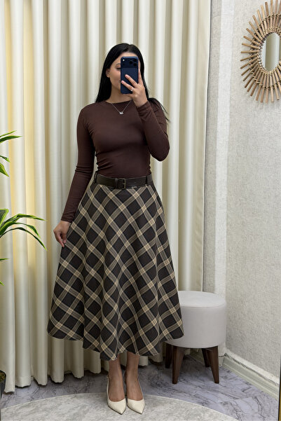 MİROR Women's Brown Plaid Pattern Belted Midi Skirt