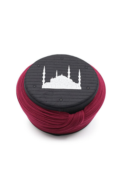 Sarıkhane Children's Cami Sarigi - Burgundy Fabric - Black Skullcap - Plain W...