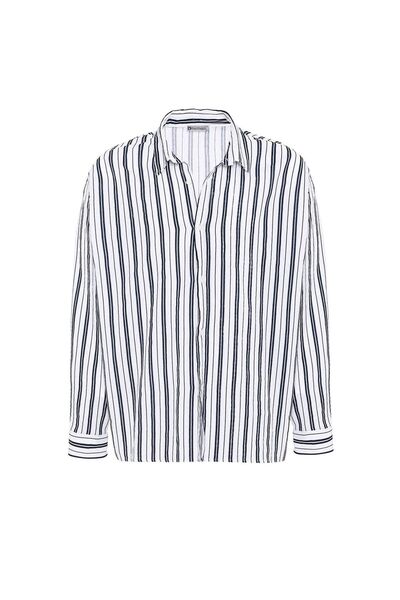 S13 Store Çizgili Uzun Kollu Oversize Keten Gömlek