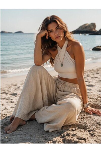 Afri Beige Samurai Model Linen Palazzo Trousers – Loose Fit High Waist Summer...