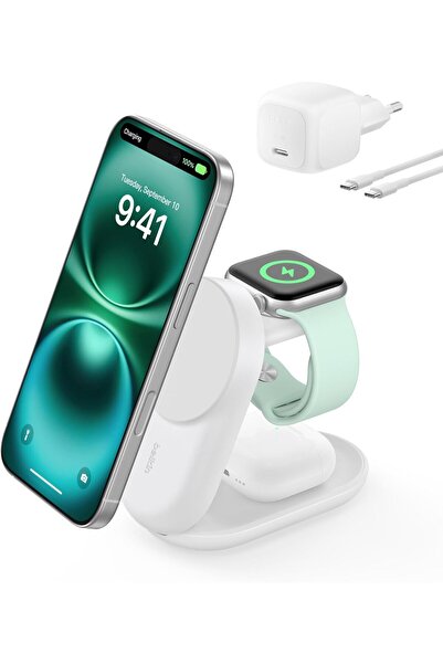 Belkin UltraCharge MagSafe Uyumlu 3’ü 1 Arada Qi2 25W Kablosuz Şarj Cihazı, i...