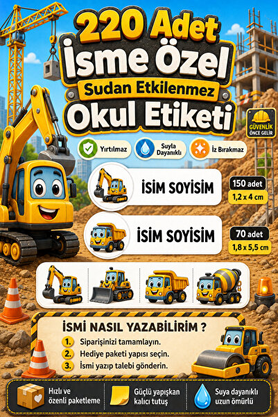 cabuk baskı İş Makinesi Temalı Okul Etiketi 220 Adet Özel İsim Yazılabilen Su...