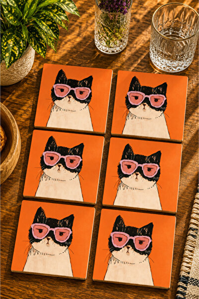 JHAAR Cat Design Modern Set of 6 Coasters - Uv Printing Mdf - 10X10 cm