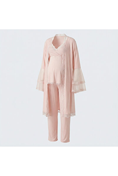 Lady Lingerie طقم بيجامة للحوامل من 3 قطع مع روب دانتيل - قميص رضاعة وبنطلون ...