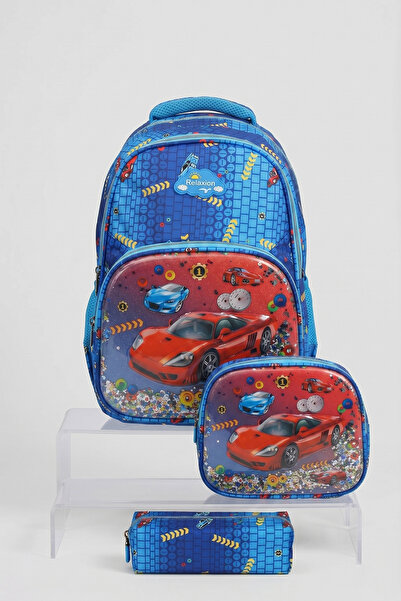 nacar çarşı Relaxion Boy's Navy Blue Car Patterned 3-Piece Primary School Sch...