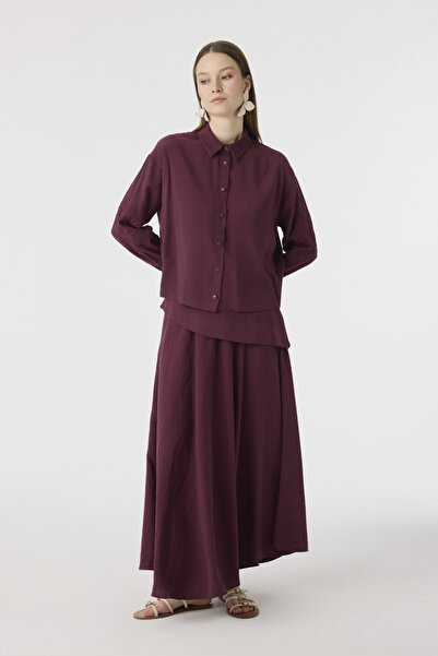 Zühre Buttoned Embroidery Detailed Flowing Burgundy Suit 1808