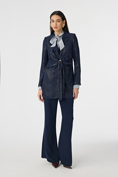 Zühre Shiny Textured Navy Blue Suit with Belt Detail 1883