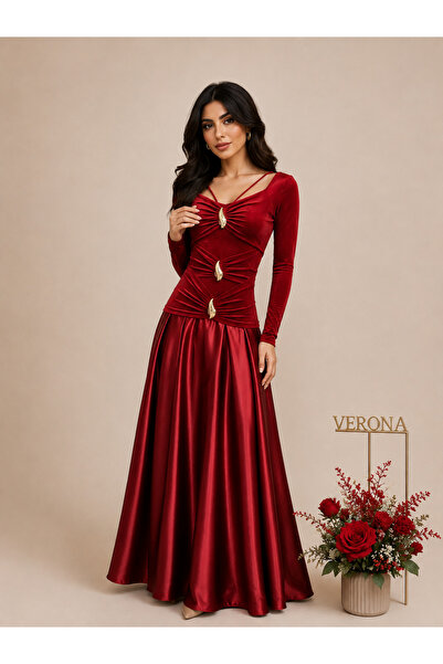 Verona Elegant Gold Detailing Burgundy Long Satin Dress