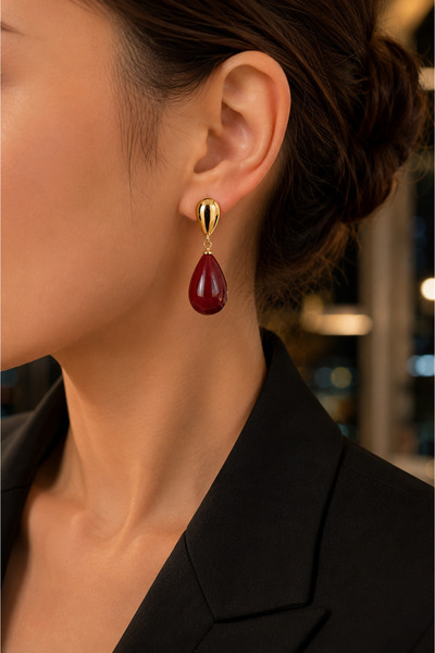 POYASE Burgundy Drop Stone Gold Detailed Dangle Earrings for Women Stylish Ev...