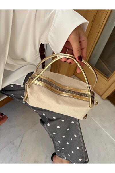 Tina İstanbul Linen Mini Hand and Shoulder Bag with Leather Strap Gold