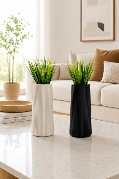 Padilon Set of 2 Modern Decorative Flower Pot Vase Black Cream Striped Plasti...