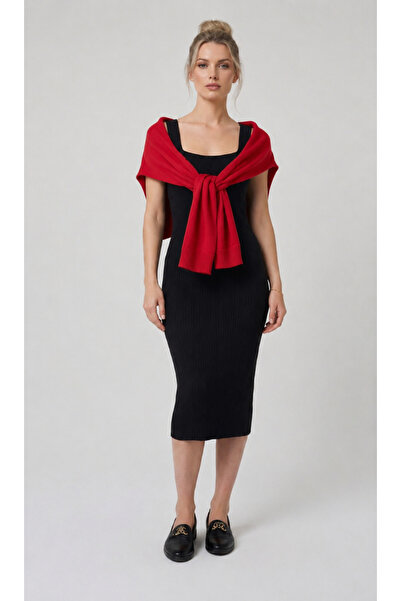 Neden Tekstil Red Knitted Women's Shoulder Shawl with Threaded Detail